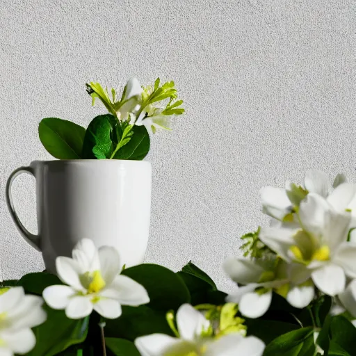 Image similar to ceramic mug surrounded by white flowers, green leaves, and pears, soft zen minimalist, white background, bright, crisp