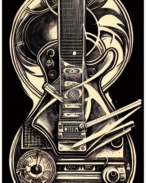 Prompt: a majestic steampunk alchemists guitar leaning on an guitar amp, two point perspective, furniture, high details, bold line art, by vincent di fate and joe fenton, inking, etching, screen print, masterpiece, trending on artstation, sharp, high contrast, hyper - detailed,, hd, 4 k, 8 k