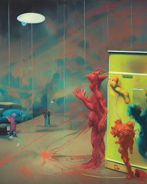 Prompt: strange creature conversing with cube shaped people at a gas station with large oxygen tank in the style of Francis Bacon and Syd Mead and Norman Rockwell and Beksinski, open ceiling, highly detailed, painted by Francis Bacon and Edward Hopper, painted by James Gilleard, surrealism, airbrush, very coherent, triadic color scheme, art by Takato Yamamoto and James Jean