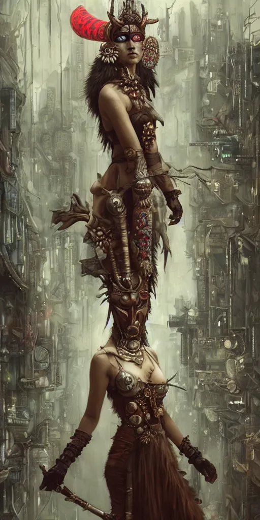 Image similar to hyper realistic Princess Mononoke, ornate mask, wet market street, cyberpunk metropolis, city landscape, jewels, full body pose, wolves, style of tom bagshaw, mucha, james gurney, norman rockwell, denoised, sharp