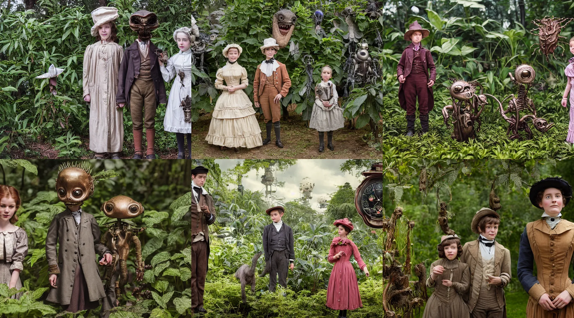 Prompt: detailed, sharp, a girl and a boy standing next to some alien plants, looking happy, wearing 1850s era clothes, their small pet alien creature is hovering nearby, in a park on an alien planet, steampunk, extremely highly detailed, hyperrealistic, in focus faces, highly detailed faces, 70 mm still from a period sci fi movie, 4k, HD