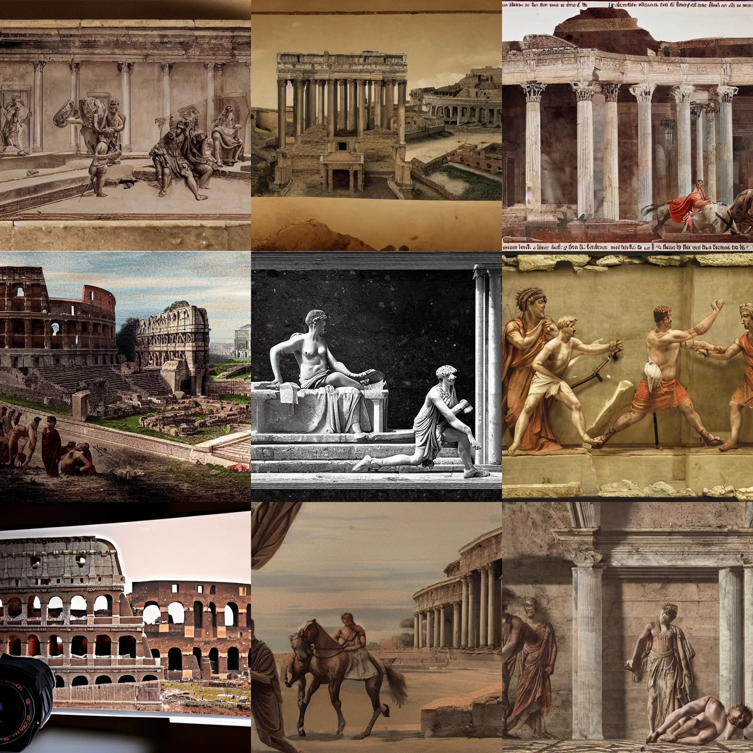 Prompt: a camera slowly disappearing in ancient rome, advertisement, highly detailed, cinematic, anamorphic shot, ancient roman style