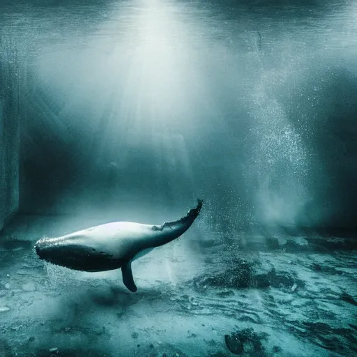 Prompt: underwater photo of a demonic whale in an abandoned aquarium, real life photography, horror, biological photo, fullbody, dynamic lighting, beautiful, scary