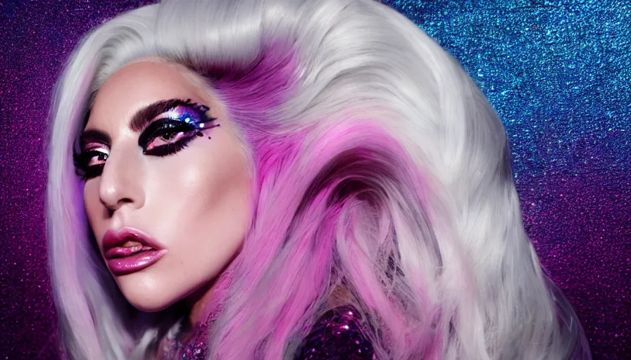 Image similar to lady gaga with long white hair , an album cover by Hedi Xandt, featured on vanity fair, holography, smokey background, matte background, seapunk High resolution. Highly detailed. Dramatic. 8k.4k.