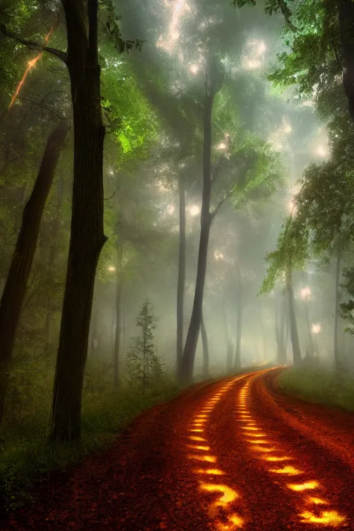 Prompt: a beautiful digital glossy clear sharp of a detailed fantasy forest trees fireflies moonlight and iron gate road pathway fog by james gurney, 8 k resolution trending on artstation