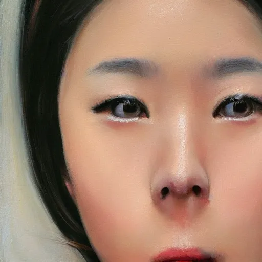 Image similar to perfect, realistic oil painting of close-up japanese girl face, by an American professional senior artist, Hollywood concept, dynamic composition and motion, postproduction.