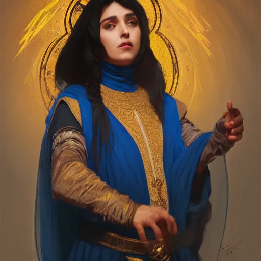 Prompt: portrait of a middle - eastern female cleric with straight black hair wearing blue and yellow vestments throwing a fireball, fantasy, highly detailed, digital painting, artstation, concept art, character art, art by greg rutkowski and tyler jacobson and alphonse mucha