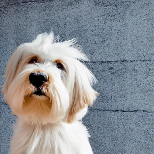 Image similar to a cream - colored havanese dog in a long dress posing for a picture, a poster by mark english, unsplash contest winner, private press, dynamic pose, full body, high resolution