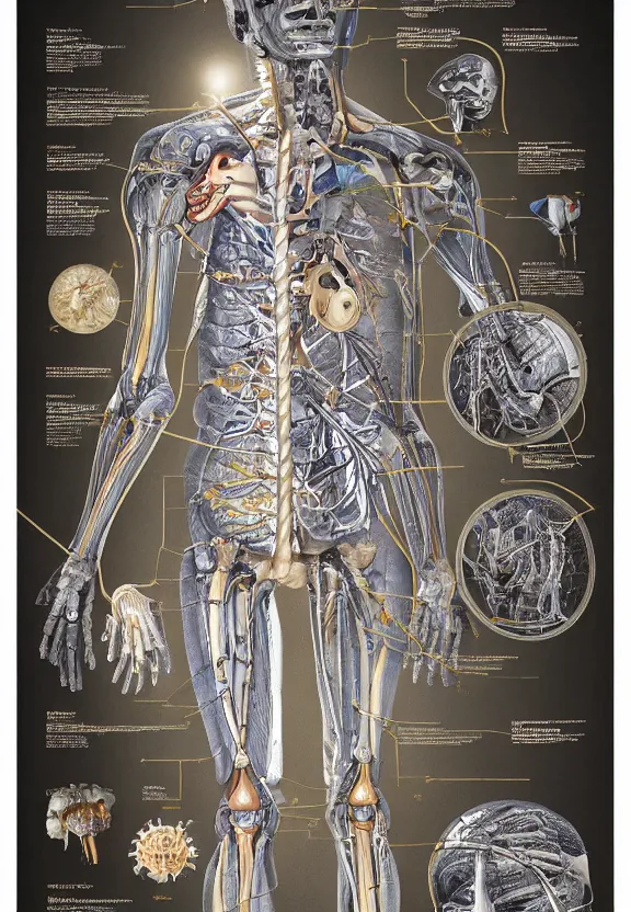 Prompt: highly detailed labeled medical anatomy poster of a robotic abomination, anatomical drawing on poster paper with notes + well - lit, ray tracing, detailed, mechanism, ent, forbidden - knowledge, intricate details, gold and silver ink
