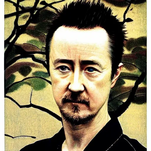 Prompt: “ edward norton portrait by ikenaga yasunari and ayana otake and ko rakusui, 6 0 s poster, drawing, realistic, sharp focus, japanese, dreamy, nostalgia, faded, golden hues, floral clothes, porcelain skin ”