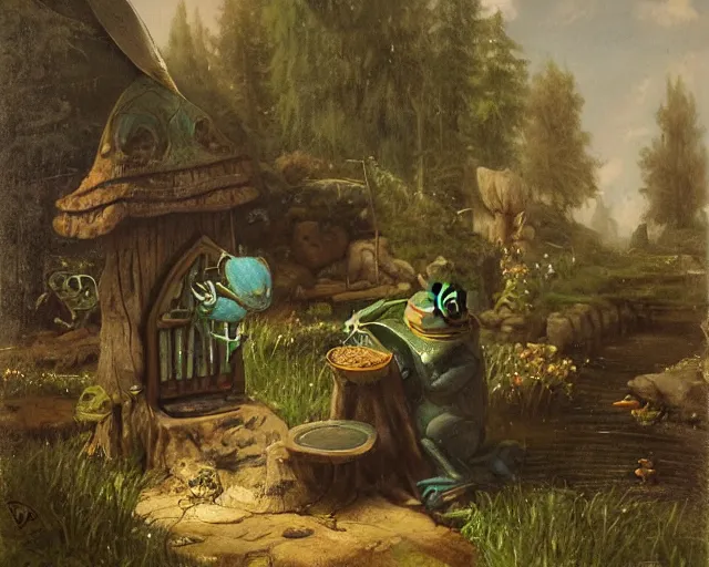 Image similar to frog wizard selling magical wares on a stand next to a pond by achenbach, andreas