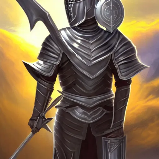 Image similar to paladin wearing silver amour with mirror finish, wielding a longsword that gleams like the sun. he is wearing a teutonic helmet, inside his eyes glow like the sun. background of snowy mountains. fantasy painting.