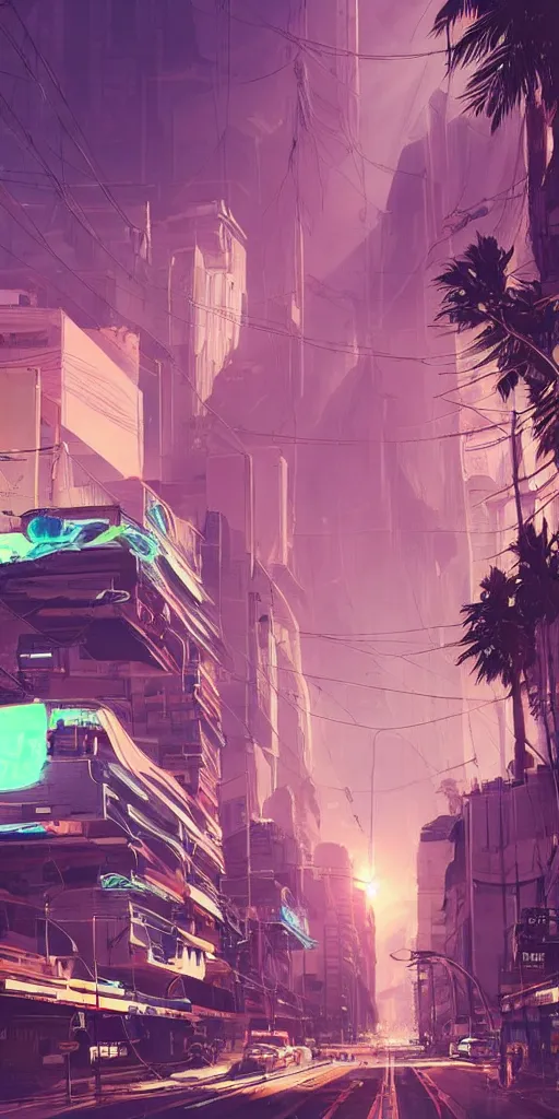 Image similar to gigantic building hovering above a city, long thick cables and trash hanging from underneath, rays of light, neon billboards and dried palmtrees in the streets, epic scene, scifi, illustration