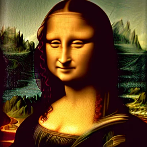 Image similar to mona lisa wild eyes extreme closeup