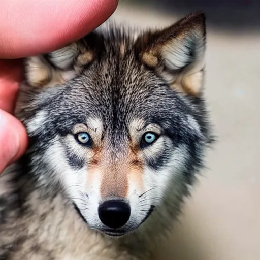 Prompt: photo of a tiny pet timber wolf sticking out of a pocket