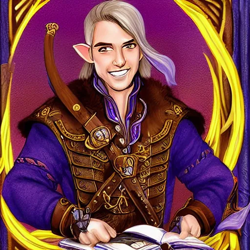 Prompt: d & d digital art painting portrait of a cheerful half elf male bard wearing a ornate purple leather armor. medium length brown hair, well groomed with brown eyes. clean shaven. holding a leather bound book. sitting at a tavern table. hyper detailed