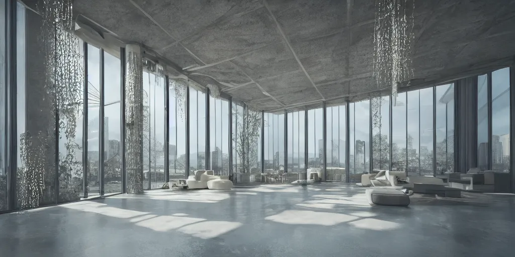 Prompt: dreaming interior architecture, dynamic lighting, glass windows, dreamy, relaxing environment, hyperrealistic, intricate details, 8 k, lighting on concrete