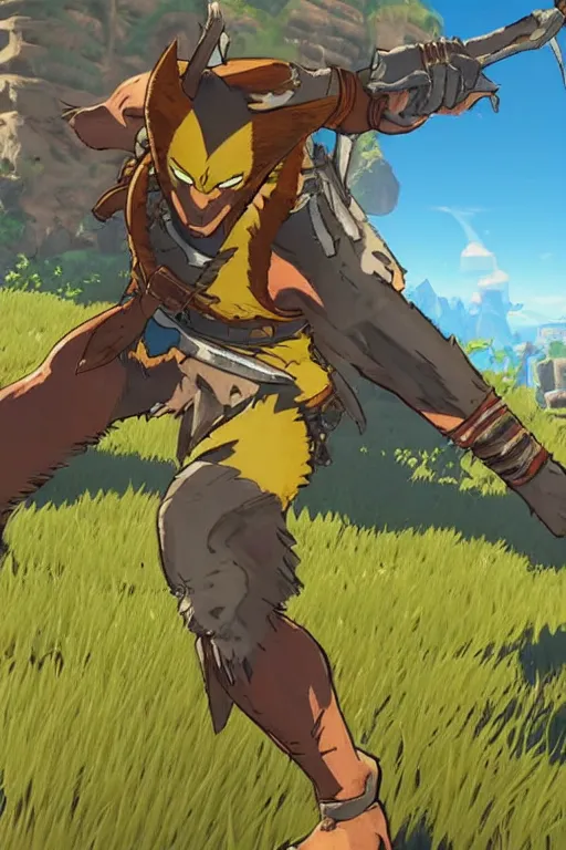 Image similar to in game footage of logan wolverine from the legend of zelda breath of the wild, breath of the wild art style.