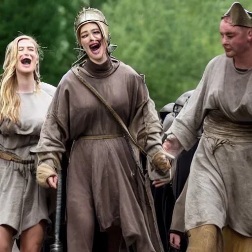 Image similar to Amber Heard as Joan of Arc being led to the gallows, she is wearing prison rags, she is laughing, the crowd is cheering