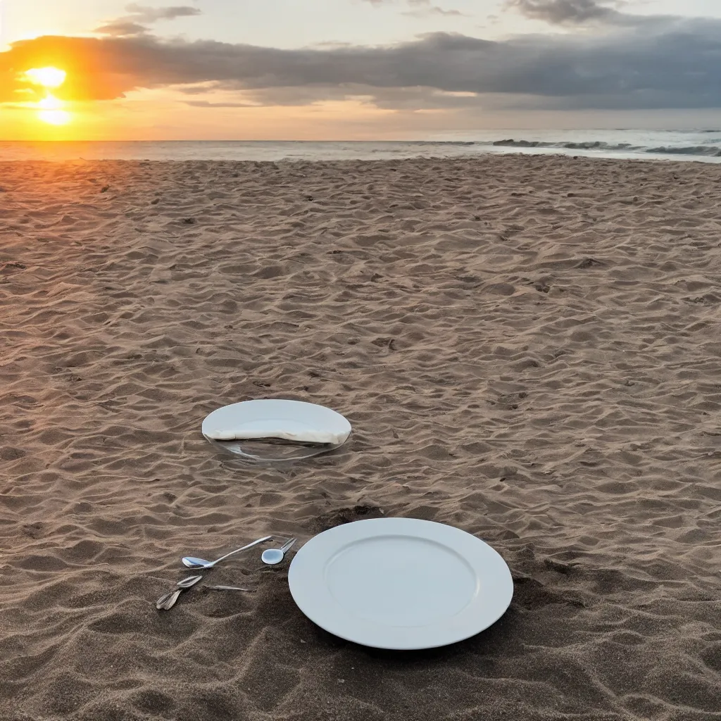 Image similar to professional photo of empty white dish in the middle over a table with a sunset on the beach in the background