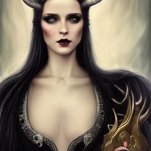 Prompt: portrait of a beautiful woman with horns, piercing blue eyes, long wavy black hair, long black dress with silver jewels, black bat wings on back, by tom bagshaw