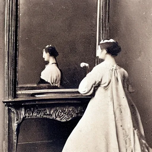 Prompt: A lady wearing a gown looking at a golden mirror, colorised old photo