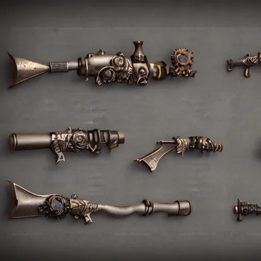 Image similar to steampunk style weapons, concept art, octane render