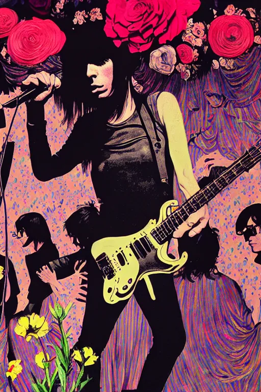 Image similar to the velvet underground and nico playing live on stage at a night club, nico in the center of stage, beautiful stage decoration with flowers in the background, painting by james jean and norman rockwell, very detailed and colorful and toned down and ornamental and moody and cool and relaxed and high on drugs, backlight, trending on artstation, behance contest winner