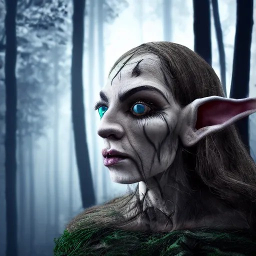 Prompt: scary photo of an elf in the woods, photorealistic