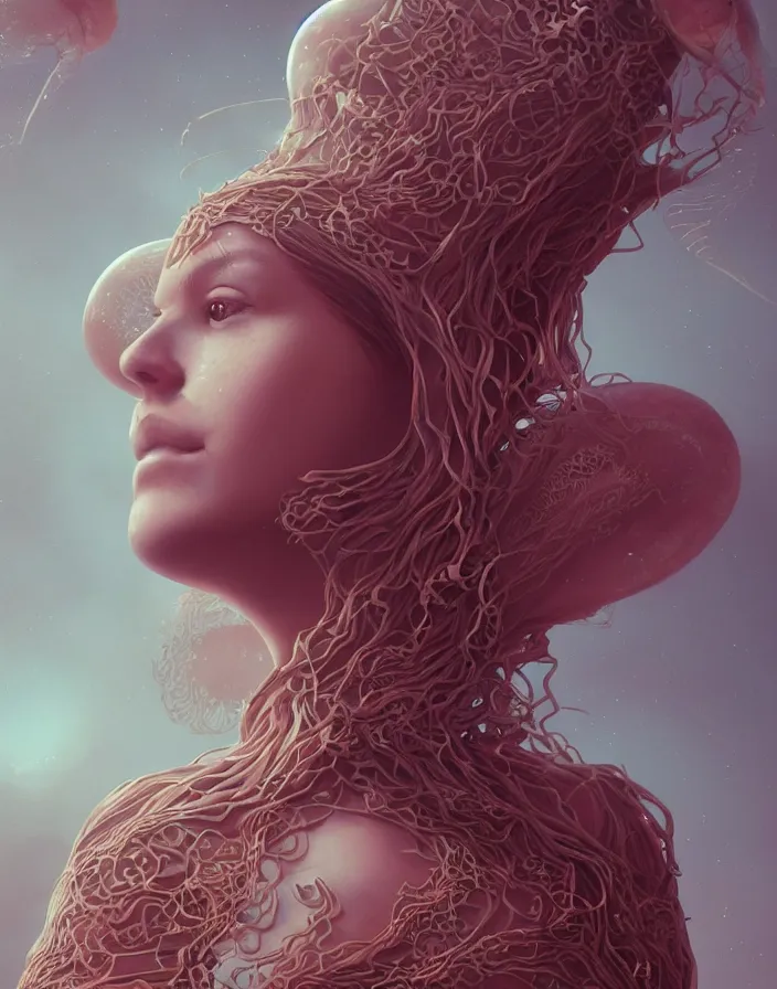 Image similar to goddess portrait. jellyfish phoenix head. intricate artwork by Tooth Wu and wlop and beeple. octane render, trending on artstation, greg rutkowski very coherent symmetrical artwork. cinematic, hyper realism, high detail, octane render, 8k