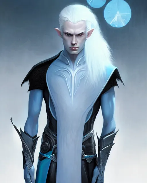 Image similar to character portrait of a slender young half elven man with white hair piercing blue eyes and pale blue skin, wearing sleek pearlescent black armor, by greg rutkowski and mark brookes and jim burns and tom bagshaw and magali villeneuve, trending on artstation