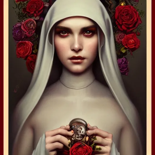 Prompt: tom bagshaw, soft painting of a curiosities carniva, beautiful nun blessing flowers in full dress, perfectly detailed, symmetrical intricate sensual features, highly detailed, artstation, sharp focus