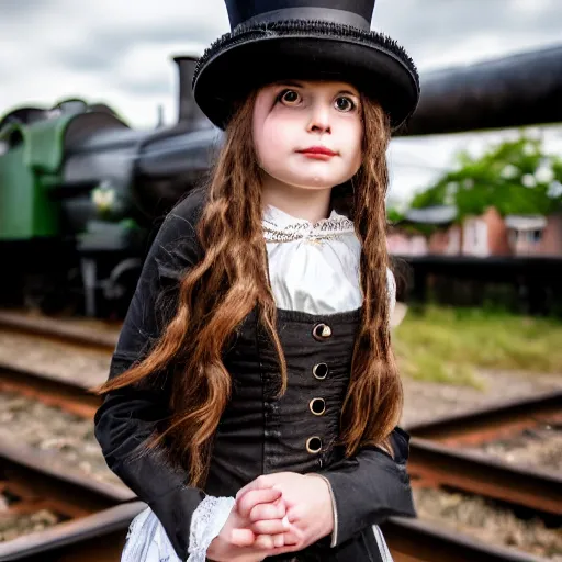 Image similar to a portrait of a beautiful steampunk girl child with long hair wearing a top hat and long sleeve black victorian clothes, by a steam engine train, taken with Sony a7R camera, EOS-1D, f/1.4, ISO 200, 1/160s, 8K, RAW, unedited, symmetrical balance, in-frame