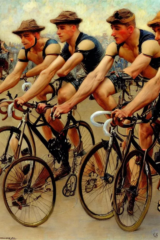 Image similar to handsome male cyclists, tour de france painting by gaston bussiere, craig mullins, j. c. leyendecker, tom of finland