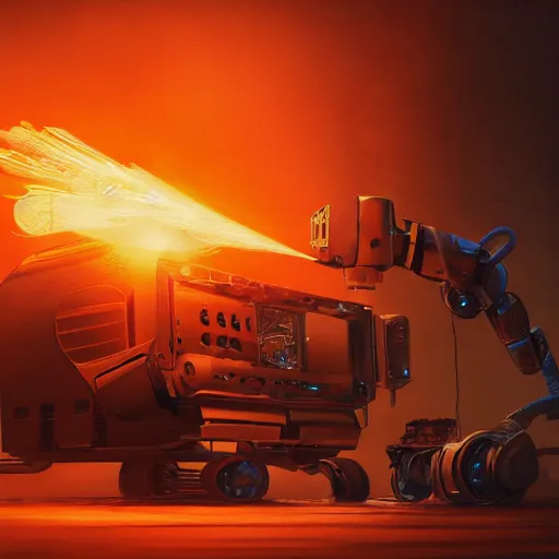 Image similar to toaster oven robot, mechanical, machine, octane render, sharp focus, hyper - realistic, intricate, detailed, eduard pronin, luka mivsek, ruan jia, dark messy smoke - filled cluttered workshop, dark, dramatic lighting, orange tint, sparks, cinematic, highly detailed, sci - fi, futuristic, movie still