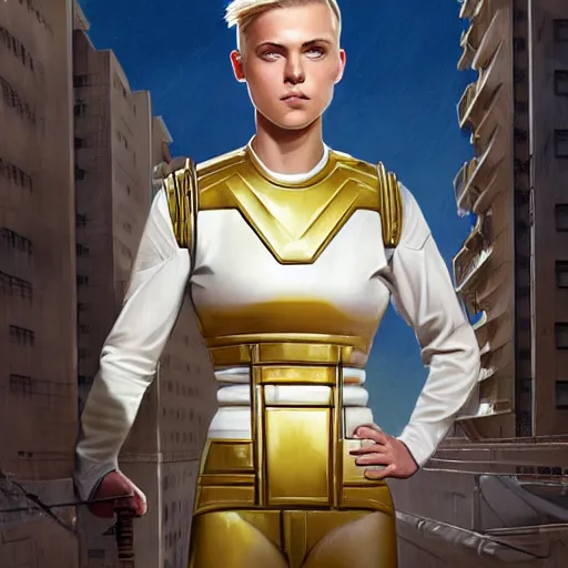 Prompt: science fiction, awkward flustered brilliant stoic heroic muscular blonde butch tomboy woman engineer with short heroic undercut blonde hair, white and gold uniform, round brass goggles, standing on art deco balcony, extremely detailed, cinematic lighting, illustration, digital art, crepuscular ray, trending on artstation, art by greg rutkowski, golden ratio