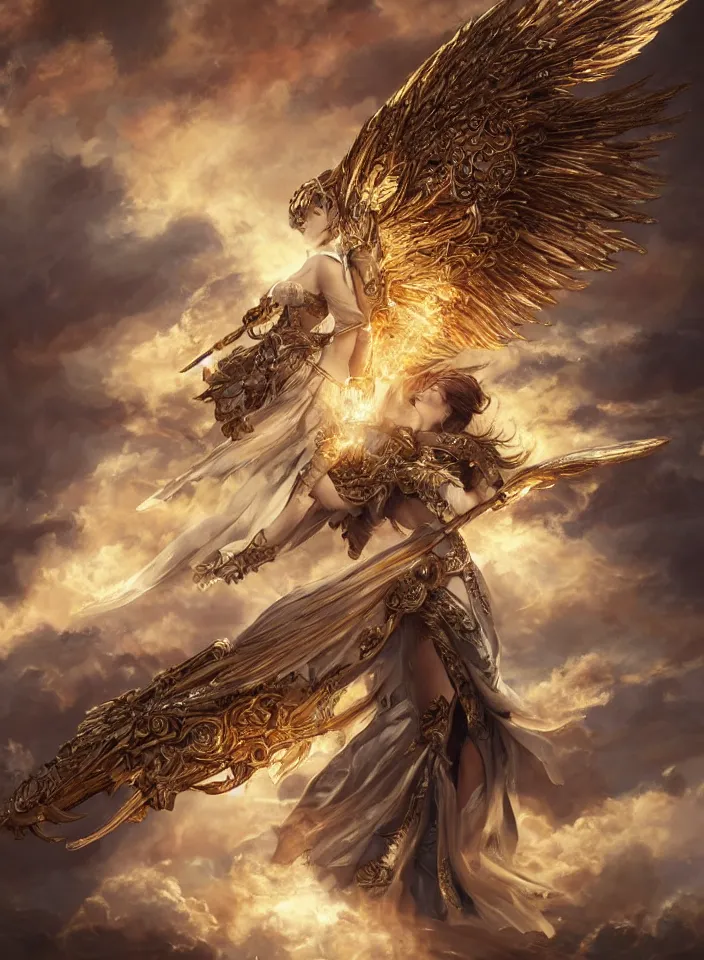 Prompt: A beautiful fierce angel with wings, wearing metal battle armor and a flaming sword, among heavenly sunlit clouds, intricate, elegant, digital painting, golden hour photography, cinematic, trending on artstation, concept art, smooth, sharp focus, realism, illustration, art by artgerm and Greg Rutkowski and Alphonse Mucha