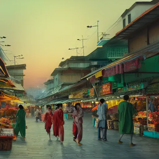 Image similar to an immaculate digital matte painting placid asian street market scene at dusk.