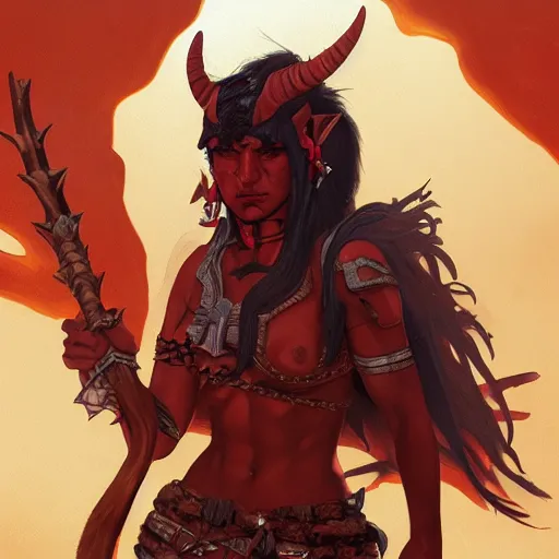 Prompt: portrait of a strong fierce female berber tiefling barbarian with red skin, devil horns and black hair in a desert, fantasy, highly detailed, digital painting, artstation, concept art, character art, art by greg rutkowski, tyler jacobson, alphonse mucha, ross tran and makoto shinkai