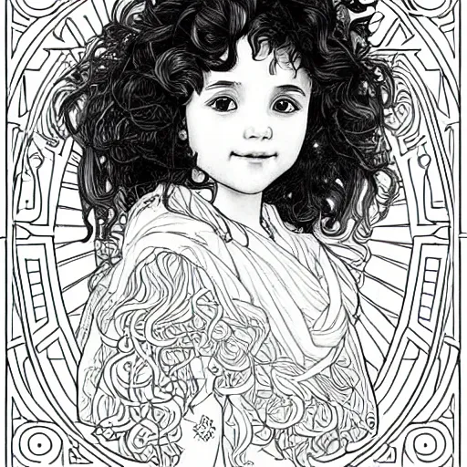 Prompt: clean simple line art of a little girl with wavy curly hair. no background. well composed, clean coloring book page, beautiful detailed face. coloring book line art by greg rutkowski and johanna basford and alphonse mucha