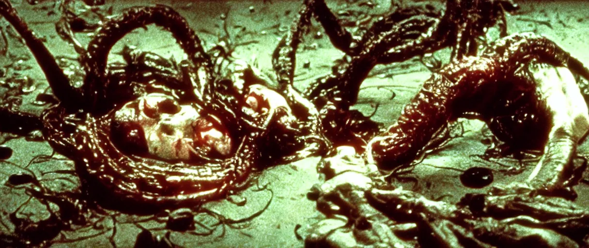 Image similar to filmic wide shot dutch angle movie still 35mm film color photograph of a doctor getting his face torn off and mutilated by a dangerous spined bundle of alien worms coming from off camera, blood flying in the air, in the style of a 1982 horror film