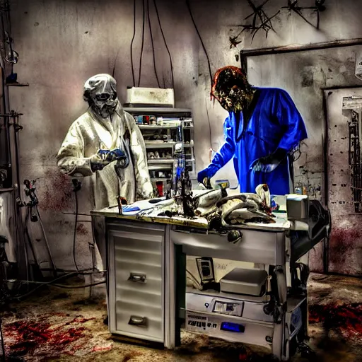 Prompt: Zombie Doctor performing surgery on a cadaver mad scientist laboratory glowing chemistry set viles test tubes potions smoking HDR 8K