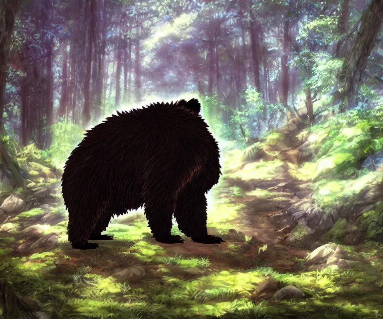 Image similar to bear in a forest, anime fantasy illustration by tomoyuki yamasaki, kyoto studio, madhouse, ufotable, comixwave films, trending on artstation