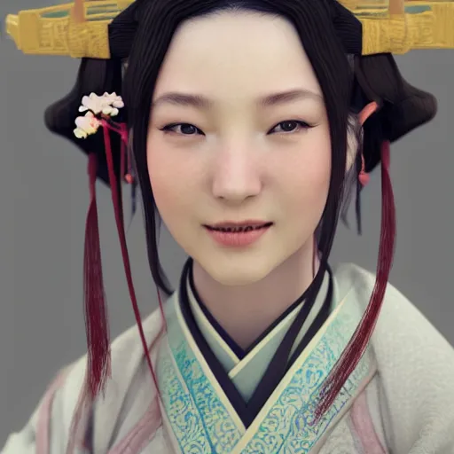 Image similar to a lovely girl in hanfu, by ruan jia, by yun ling, happy expression, smile, unreal engine, 3 d render, 8 k, closeup, smooth, trending on artstation, digital illustration, black hair