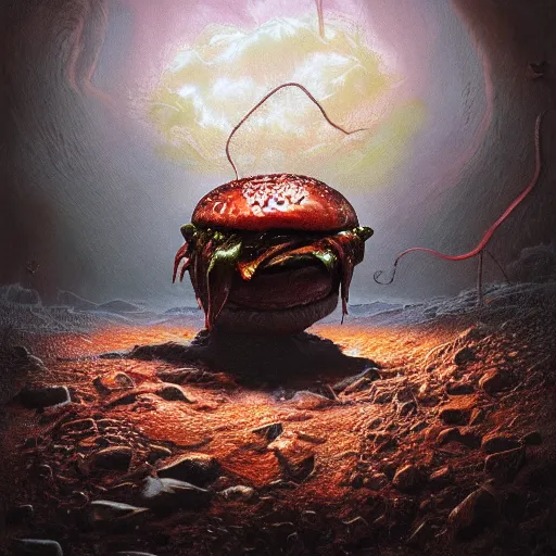 Image similar to photorealistic demonic cheeseburger in the style of michael whelan and gustave dore. hyperdetailed photorealism, 1 0 8 megapixels, amazing depth, glowing rich colors, powerful imagery, psychedelic overtones, 3 d finalrender, 3 d shading, cinematic lighting, artstation concept art