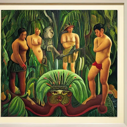 Image similar to high quality, high detail painting, renaissance, nan goldin, film noir, diego rivera, high garden scene with quetzalcoatl, hd, muted lighting