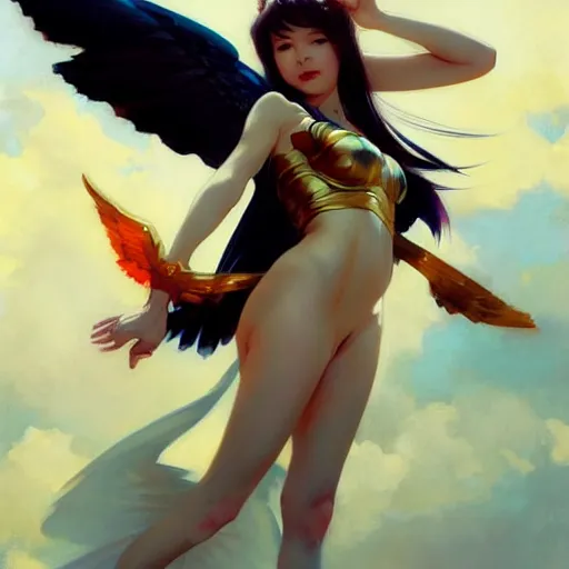 Image similar to greg manchess painting of anime woman, long wings, sorceress wand, soft lighting, trending on artstation, by huang guangjian and gil elvgren and sachin teng