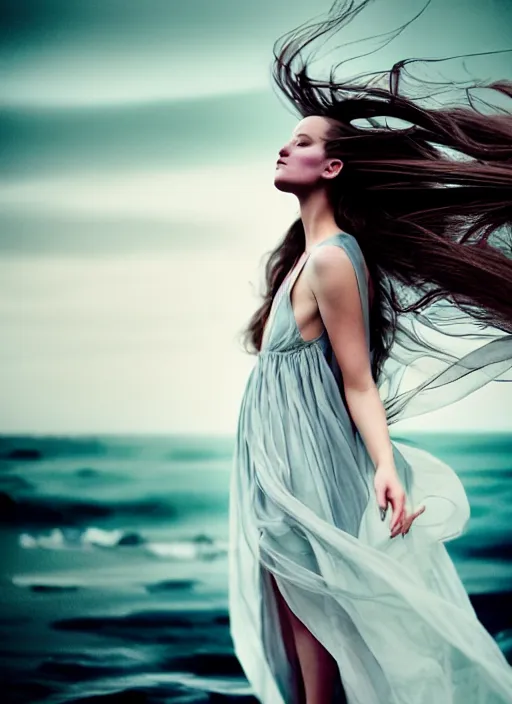 Image similar to cinestill 5 0 d portrait photo of a beautiful woman, britt marling 3 / 4, delicate, subsurface scattering, long hair floating in air in style of gilles zimmermann, 1 5 0 mm, windy mood, dress in voile, mute dramatic colours, soft blur outdoor stormy sea background, volumetric lighting, hyper detailed, hyper realistic