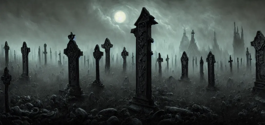 Prompt: A dark and haunted graveyard with Evil ghost spirits raoming in the style of Keith Thompson, christopher bretz and kael ngu and Zdzislaw Beksinski, Artstation HD, 8k, Surrealistic digital artwork, highly detailed, digital painting, HDRI, vivid colors, high contrast, 8k resolution, intricate, photorealistic, smooth