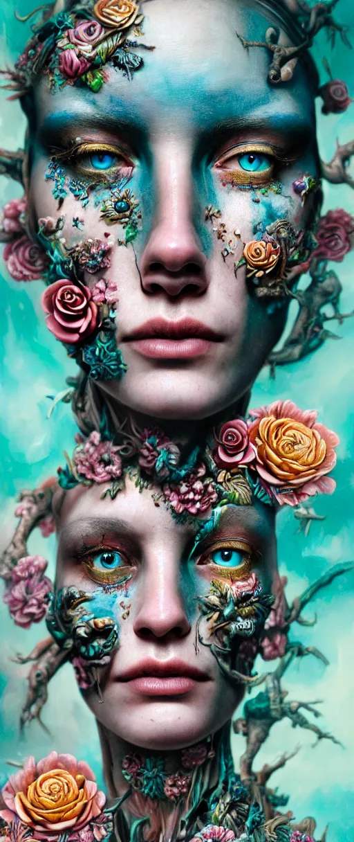 Image similar to hyperrealistic hyper detailed neo-surreal close-up 35mm side portrait of cyborg covered in rococo flower tattoos matte painting concept art hannah yata very dramatic dark teal lighting low angle hd 8k sharp shallow depth of field